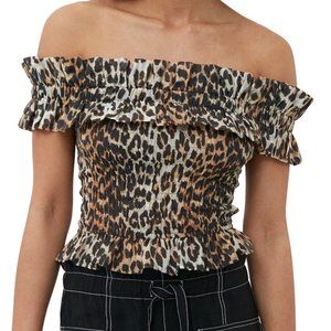 GANNI SHEER VOILE CROPPED OFF-SHOULDER SMOCK TOP